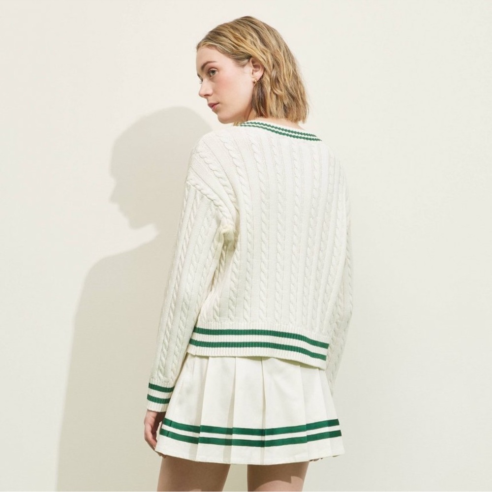 Prince Cream Cable Knit V-Neck Sweater with Green Trim - Picture 3 of 7